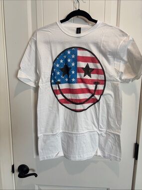 J Coons White Short Sleeve Tee with Red, Blue & Black Flag Smiley